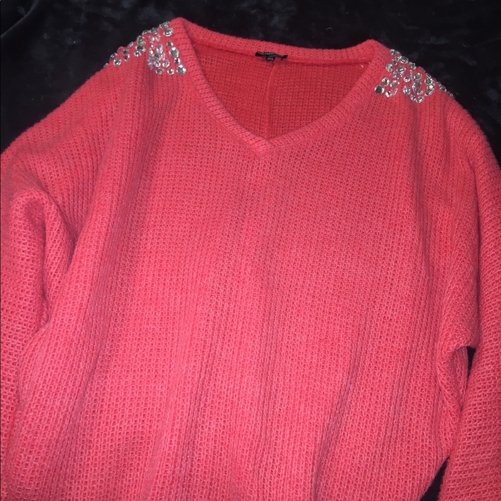 Coral rhinestone Vneck sweater